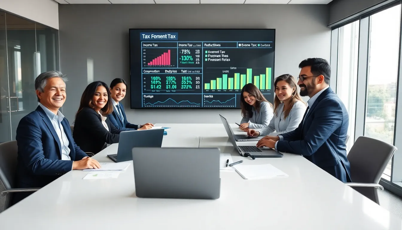 diverse team strategizing tax obligations in a modern office.