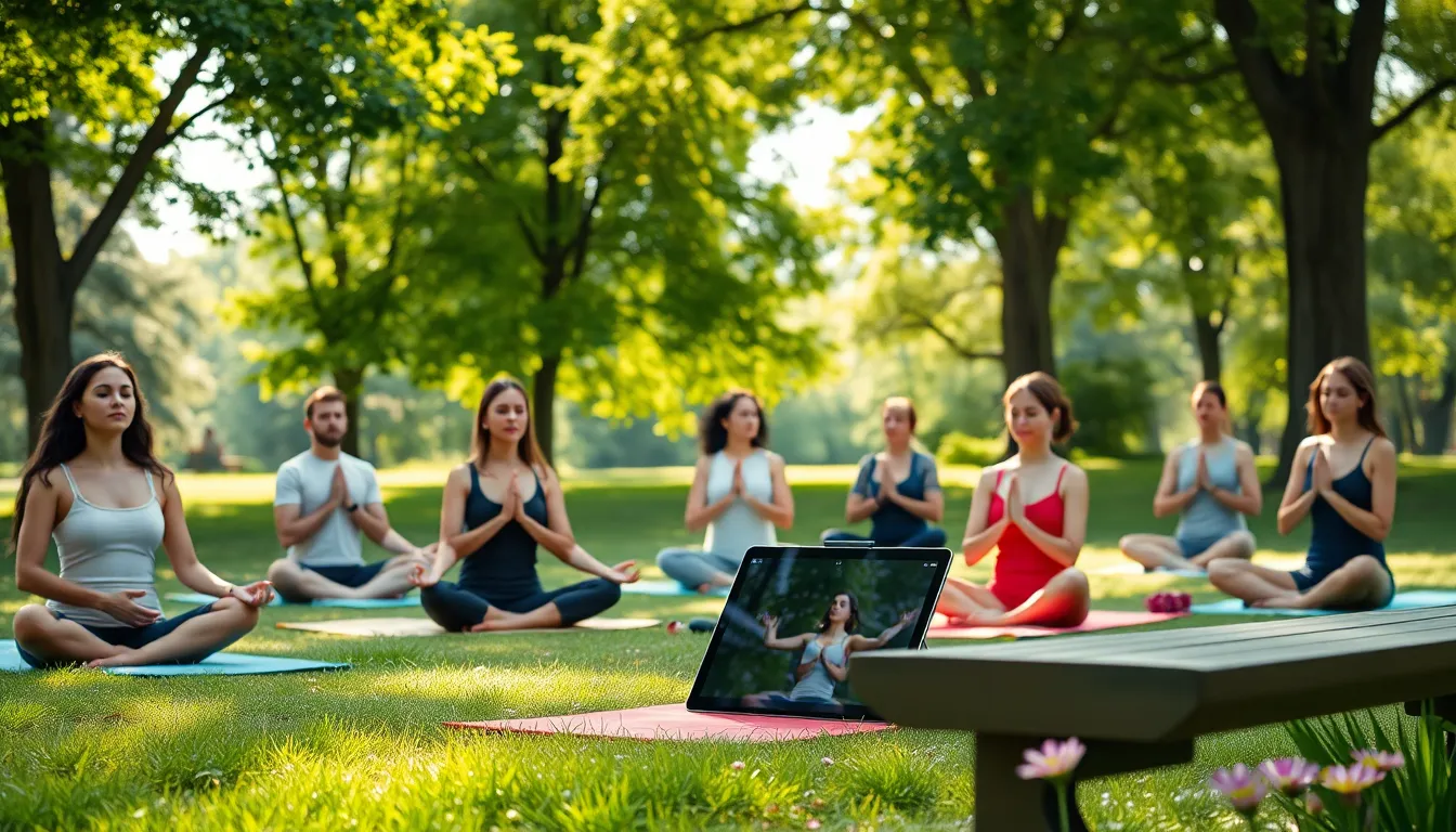 people practicing mindfulness in a tranquil park setting.