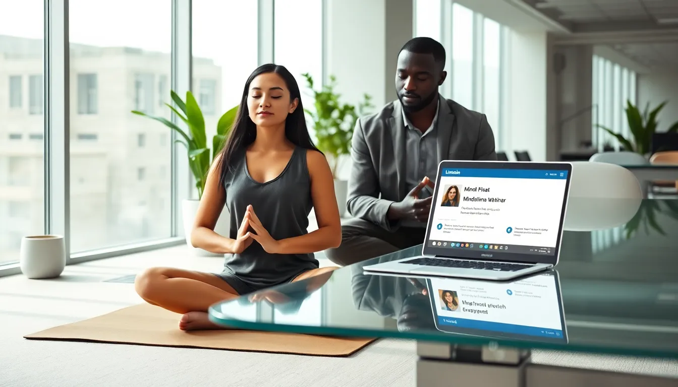 diverse professionals practicing mindfulness in a modern office.