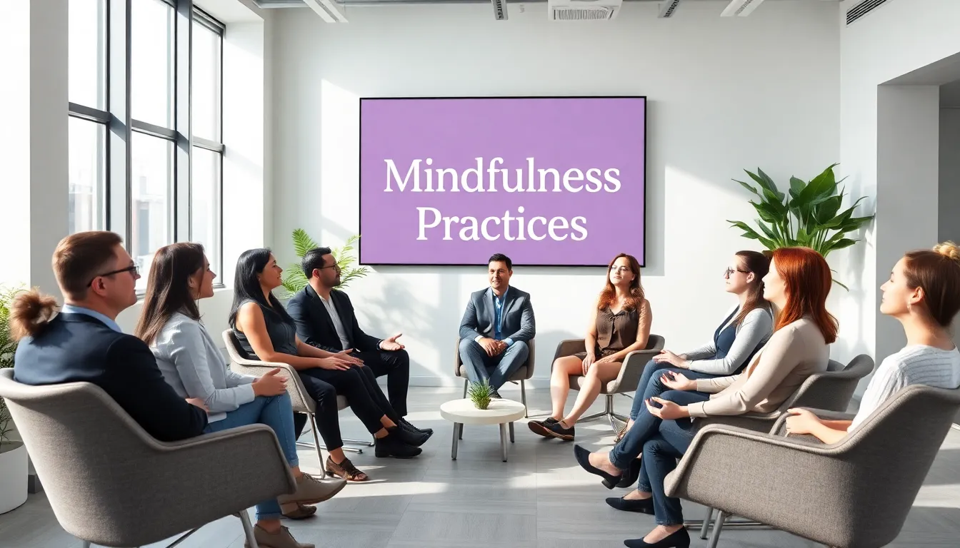 diverse team practicing mindfulness in a modern office setting.
