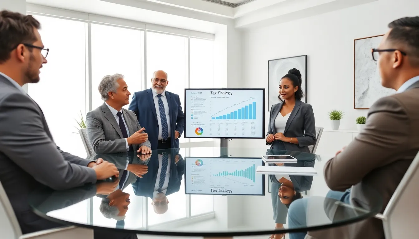 professionals discussing tax strategies in a modern office.